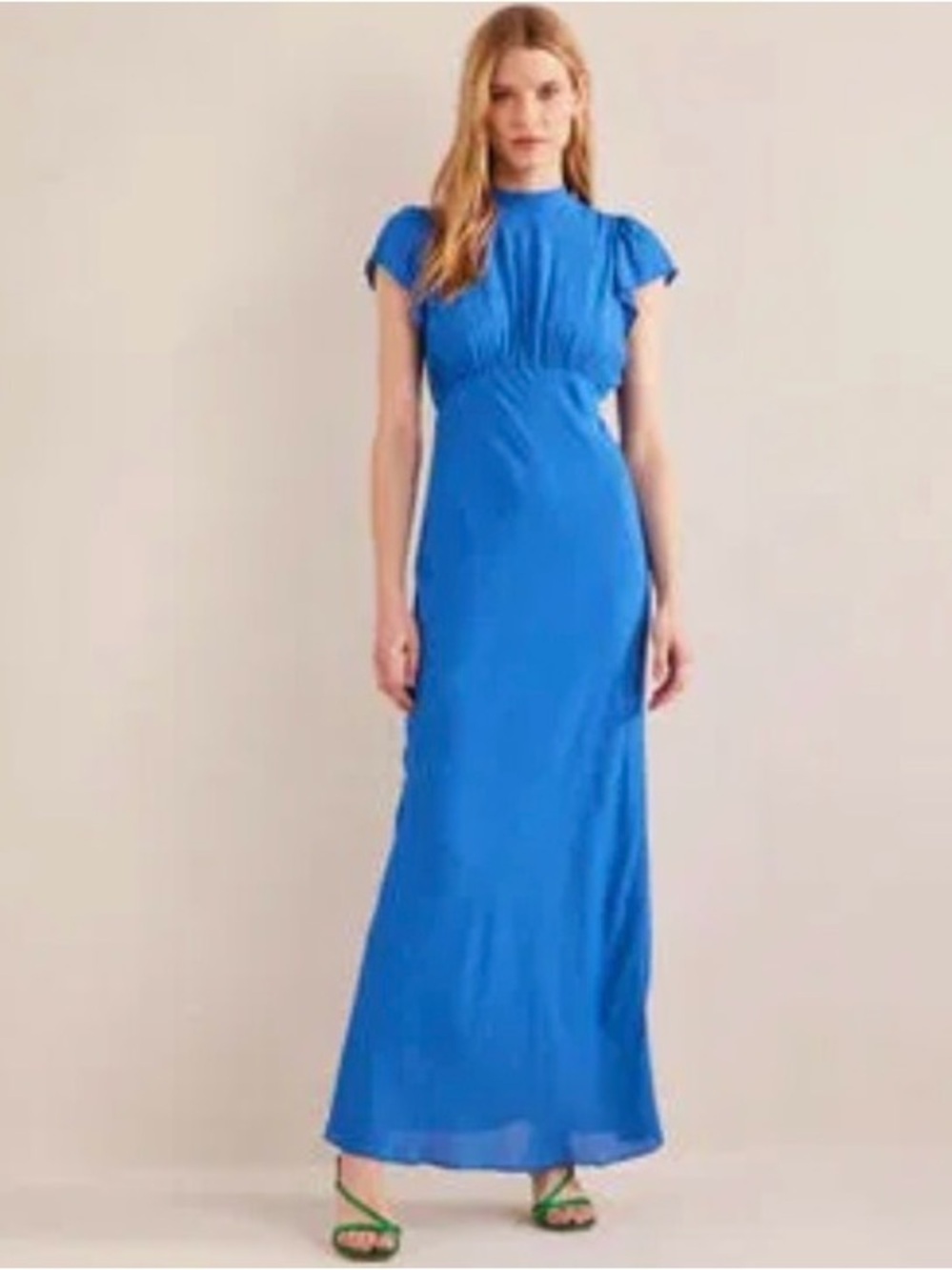 Boden Blue Bias Cut Open Back Maxi Dress Flutter Sleeve Bias Cut US 14R